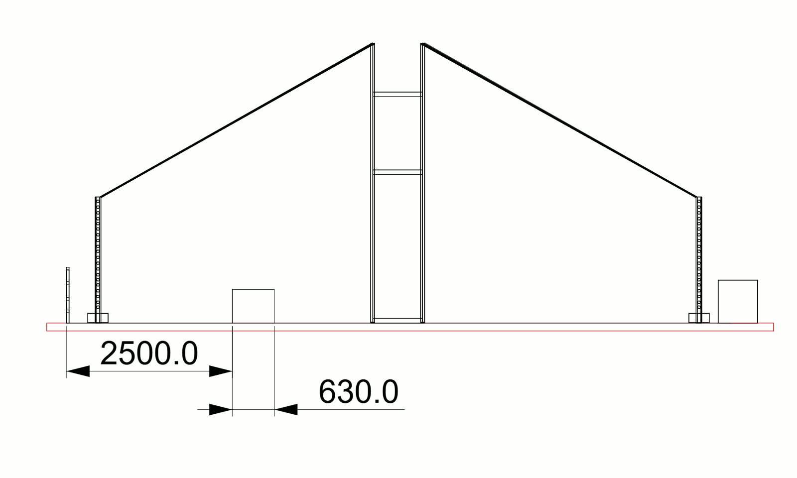 Front elevation, 2500 mm span and 630 mm module