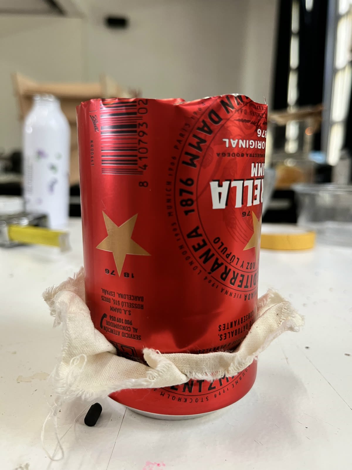 A beer can turned into a water filter, at the making workshop