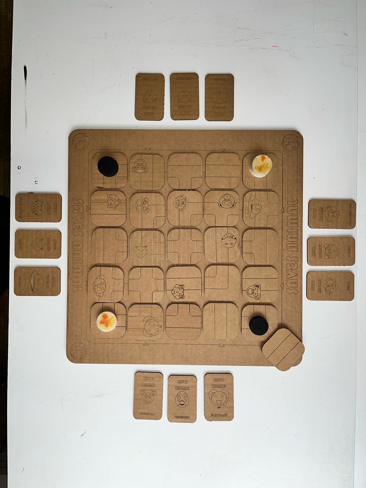The SAVES ANIMAL board game and its pieces