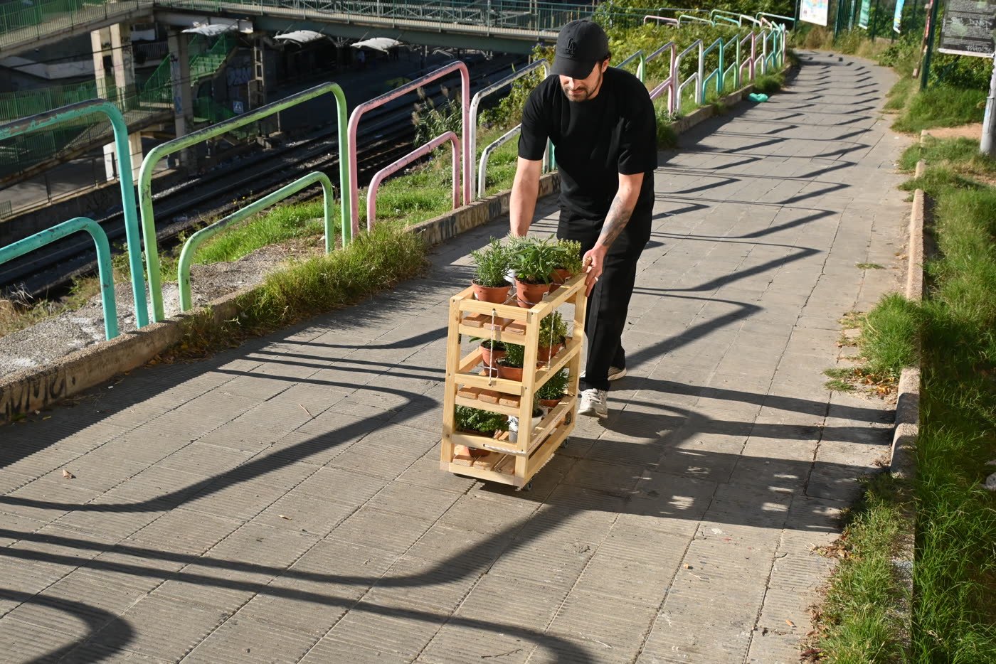 Shelves lined up on the terrace, the tower blocks of Hospitalet behind