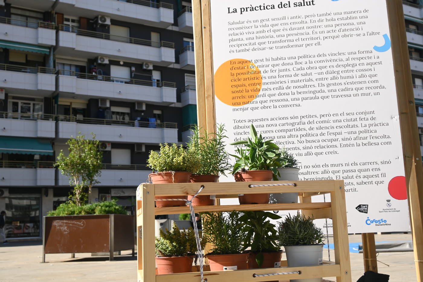 A shelf in the plaza, beside the panel explaining the project