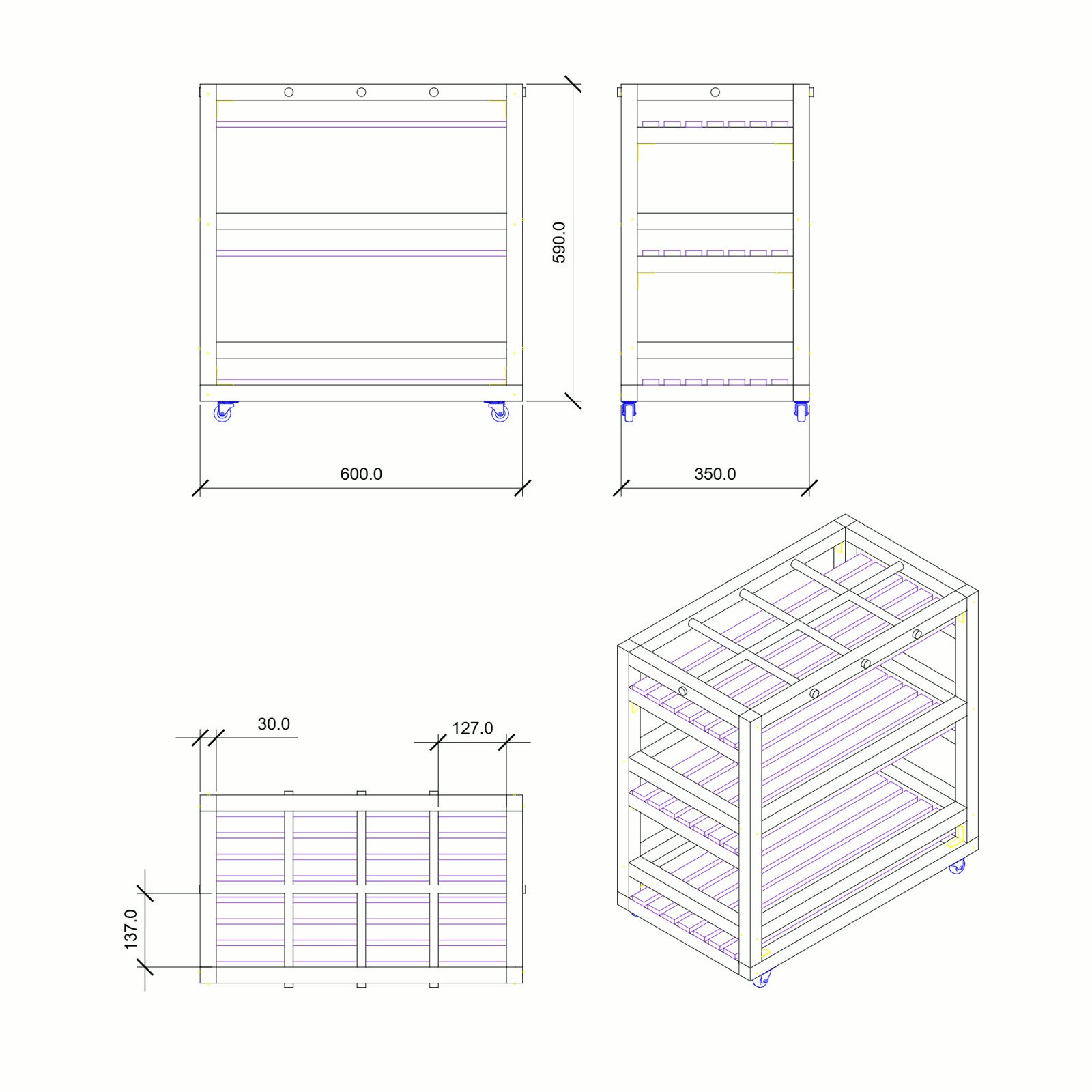 Technical drawing of the shelf: 600 by 350 by 590 mm, on castors